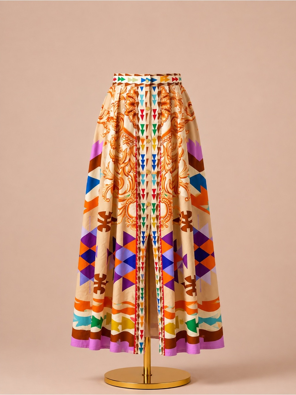 Colorful Geometric & Baroque Print Midi Skirt